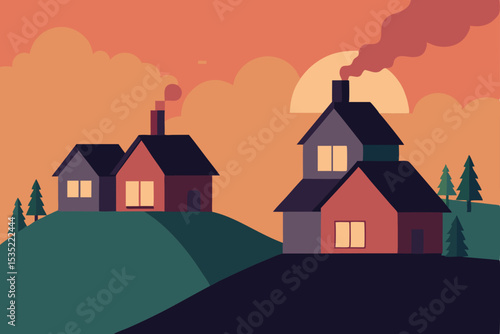 Sunset Village Cozy Homes on Rolling Hills, Peaceful Evening Scene