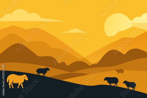 Golden Hour Landscape Sheep Grazing in Sunset Hills