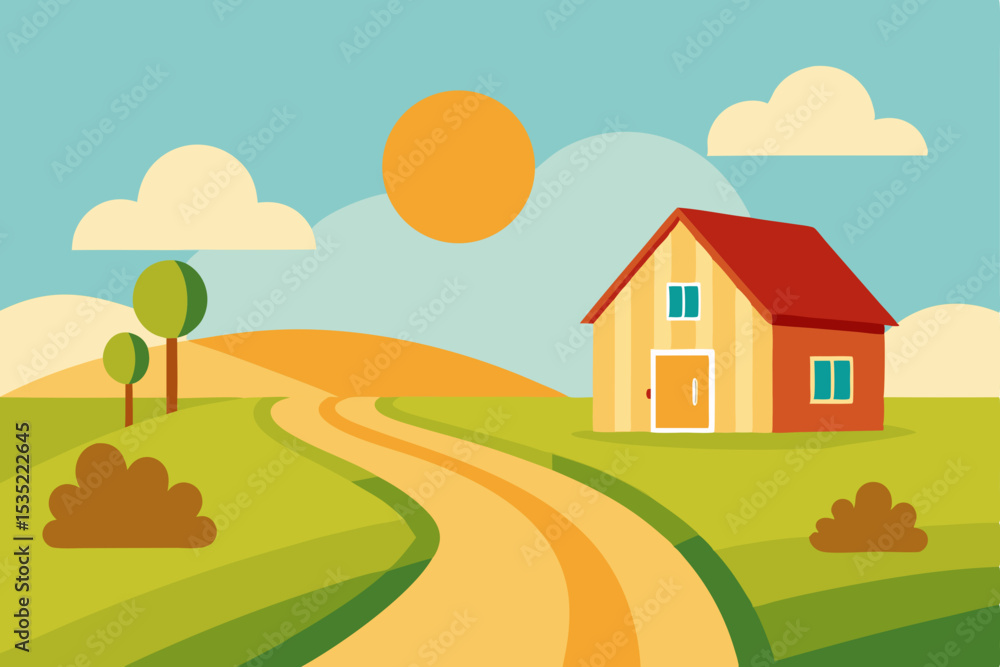 Naklejka premium Charming Countryside House Illustration Winding Road, Sunny Day, and Rolling Hills