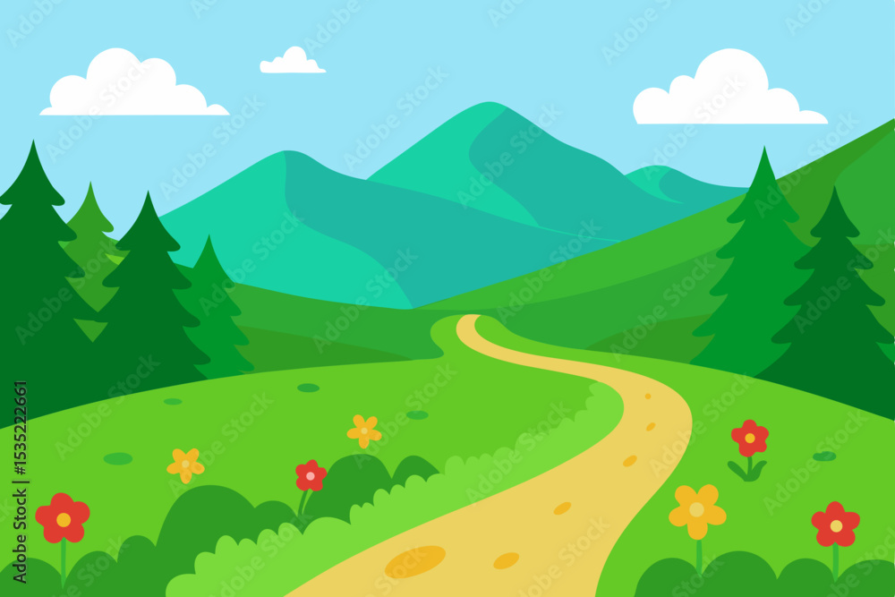 Obraz premium Serene Mountain Landscape Winding Path Through Lush Green Hills and Blooming Flowers