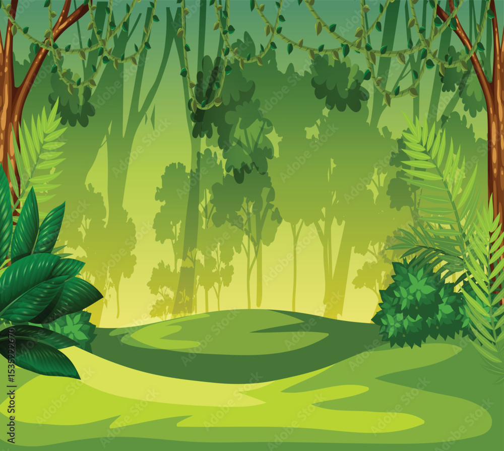Fototapeta premium Enchanted Forest Landscape with Sunlight Rays and Green Foliage