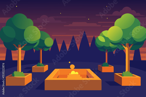 Evening Bonfire Scene Tranquil Nighttime Garden with Fire Pit and Trees