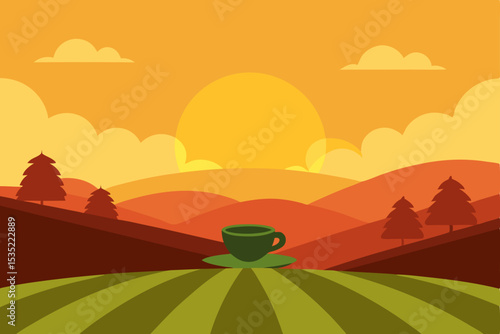 Sunrise Serenity A Peaceful Landscape Illustration with a Cup of Tea
