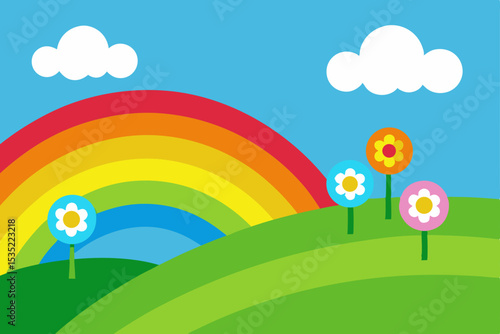 Vibrant Rainbow and Flowers A Colorful Spring Landscape Illustration