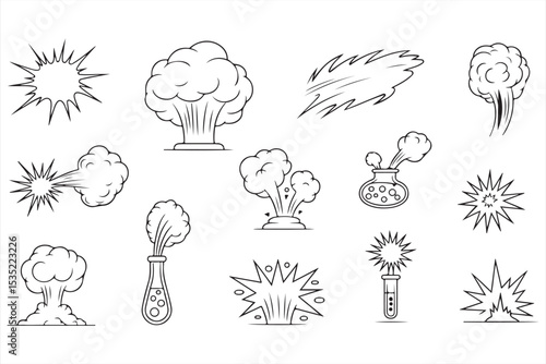Bold Line Explosion Icons with Kaboom Text, Chemical Labs, and Meteor Effects