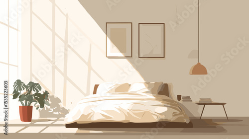 Cozy bedroom with sunlight coming through the window. Healthy lifestyle and relaxation.