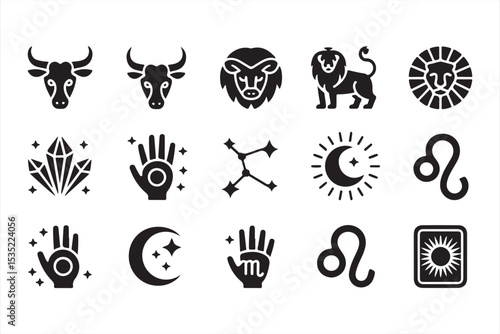 Flat Modern Zodiac and Celestial Icons Featuring Bull, Lion, Moon Phases, Crystals, and Mystic Hands for Astrology, Horoscope, and Spiritual Projects