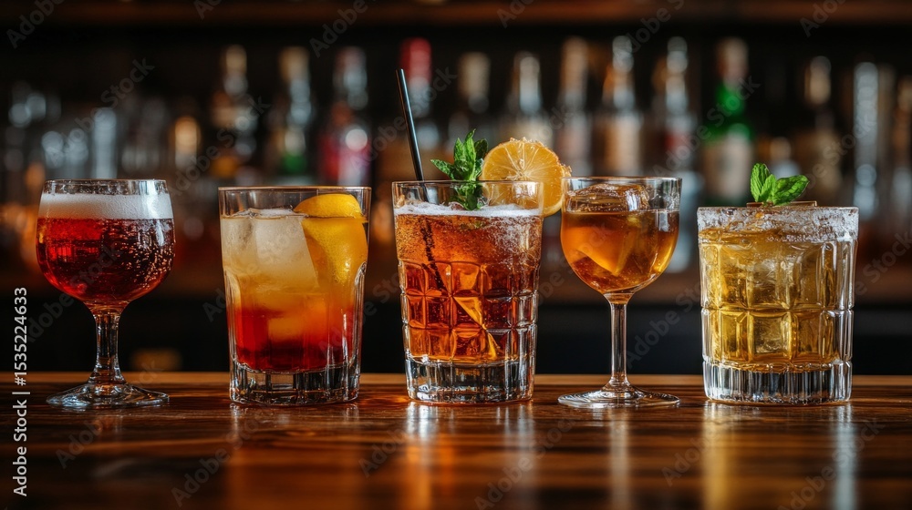 Four cocktails on the bar counter. Useful for articles on cooking and entertainment. Four cocktails on the bar counter. Useful for articles on cooking and entertainment.