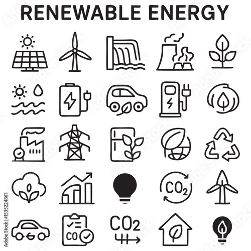 “30 Renewable Energy Icons in Editable Stroke Vector Style - Black and White”