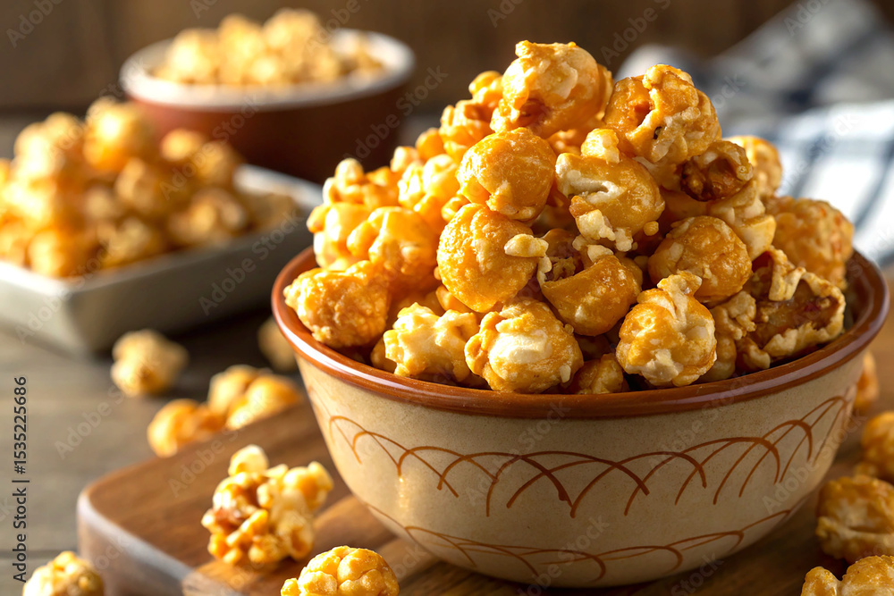 Buttery caramel popcorn pile in a delicious close-up view Buttery caramel popcorn pile in a delicious close-up view