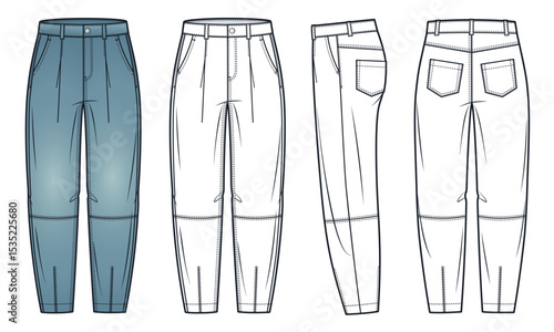 Cargo Jeans Technical Fashion Illustration. Barrel Leg Denim Pants fashion flat technical drawing template, pockets, front, back view and side view,  white, blue, women, men, unisex CAD mockup set.