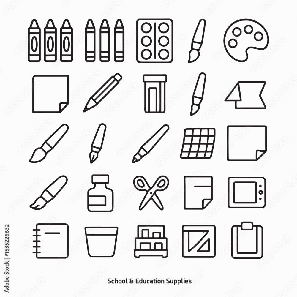 Drawing & Writing Tools Line Icons – 25 Art Supplies in Bold Vector Style Drawing & Writing Tools Line Icons – 25 Art Supplies in Bold Vector Style
