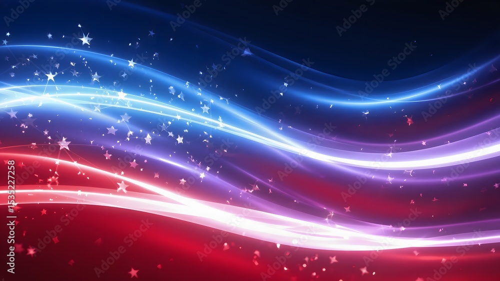 Obraz premium Abstract Light Waves with Stars in Red Blue and White Colors