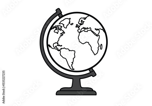 Globe earth drawing. It is a black and white outline image of a desk globe, a spherical map of the Earth on a stand used for geographical study. Vector sketch line art draw.