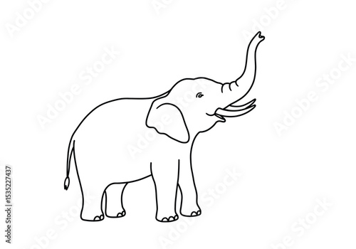 Elephant with trunk up drawing. It is a black and white outline image of an elephant with its trunk raised, often symbolizing good luck or a greeting. Vector sketch line art draw.