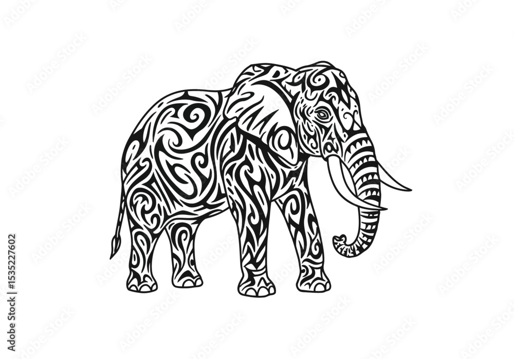 Fototapeta premium Tribal elephant drawing. It is a black and white outline image of an elephant adorned with intricate tribal patterns, reflecting ethnic art and symbolism. Vector sketch line art draw.