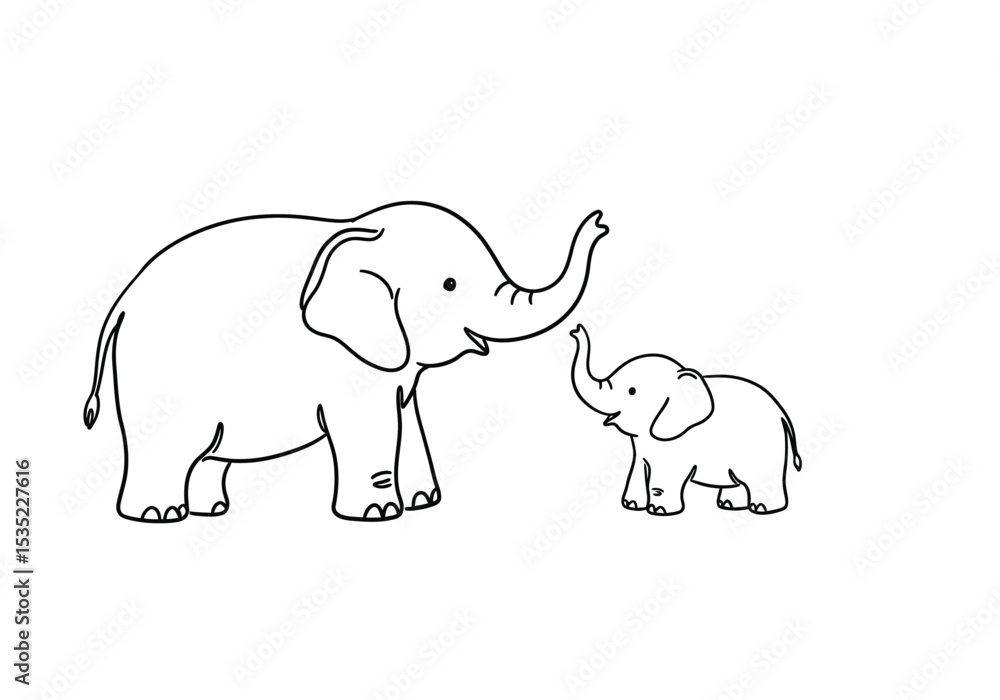 Two elephant drawing. It is a black and white outline image of two elephants, depicting a parent and a baby elephant, symbolizing family and care. Vector sketch line art draw. Two elephant drawing. It is a black and white outline image of two elephants, depicting a parent and a baby elephant, symbolizing family and care. Vector sketch line art draw.