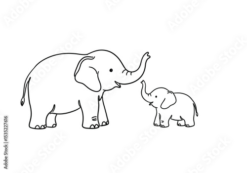 Two elephant drawing. It is a black and white outline image of two elephants, depicting a parent and a baby elephant, symbolizing family and care. Vector sketch line art draw.