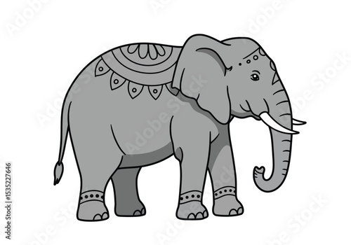 Decorated elephant drawing. It is a gray-colored outline image of an adorned elephant, showcasing traditional decorations and patterns, often seen in cultural festivals. Vector sketch line art draw.