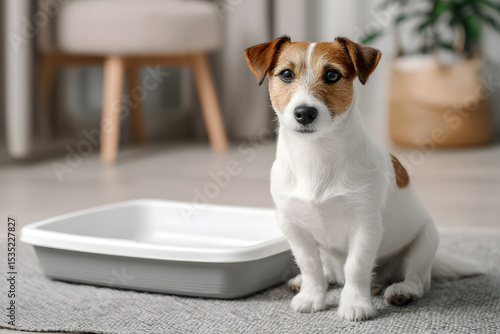A small dog with a white and brown coat sits next to a clean litter box, looking attentive in a bright room