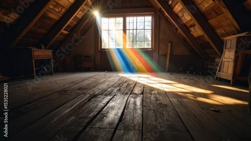 Wallpaper Mural Sunlight streams through window in attic, illuminating dust particles, creating rainbow effect on weathered wooden floorboards. Torontodigital.ca