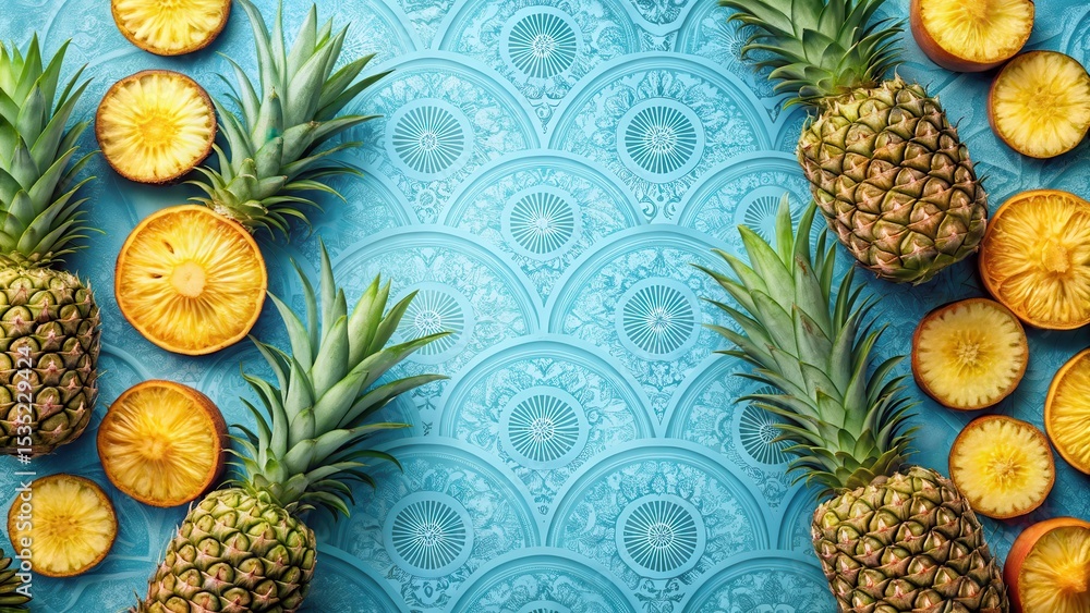 Fototapeta premium Tropical fruit arrangement on a calm blue background with intricate seamless pineapple slices pattern, decoration