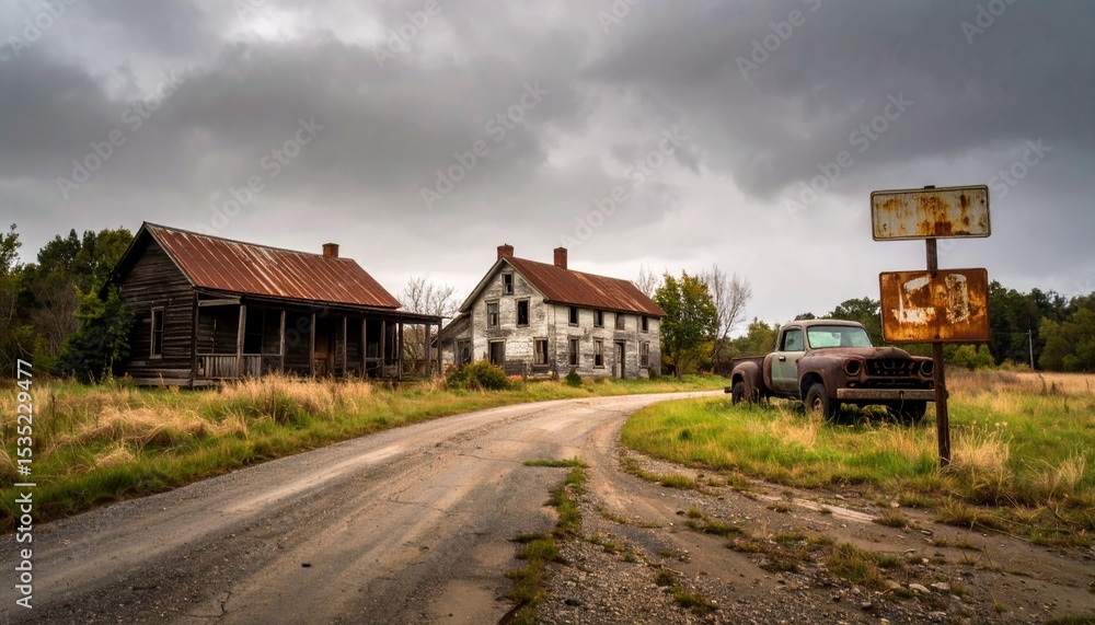 Fototapeta premium Remote rural rust old american town with truck on the road
