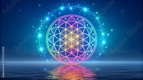Serene Night Scene Featuring a Vibrant Flower of Life Mandala Reflecting on Calm Water Under a Starry Sky Perfect for Meditation and Spiritual Themes