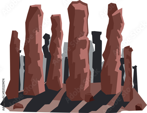 Standing Pillars: A striking digital illustration capturing an array of monolithic pillars, casting dramatic shadows. The scene evokes a sense of geological wonder and ancient mystery.