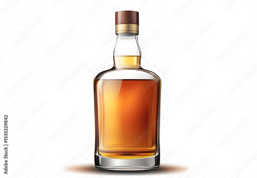 Elegant glass bottle of amber whiskey isolated against a white background concept Elegant glass bottle of amber whiskey isolated against a white background concept