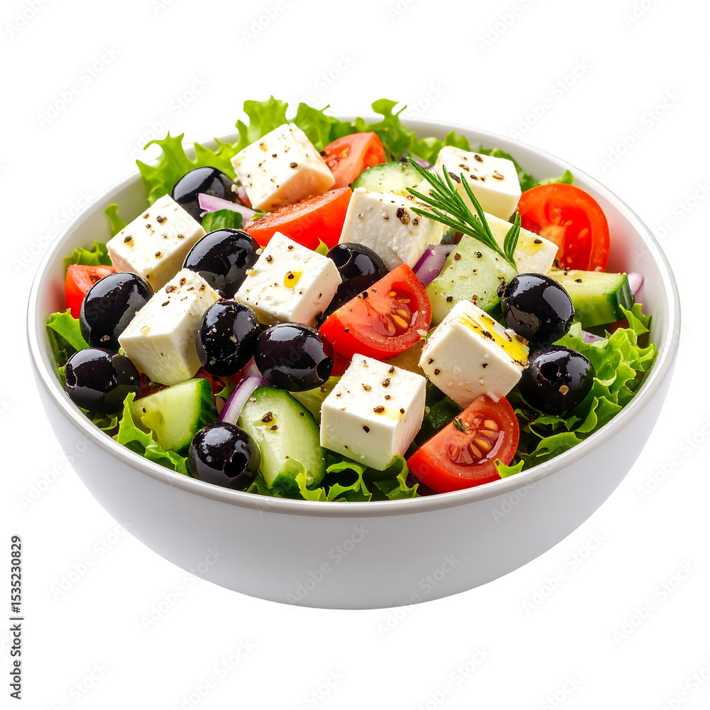 Fresh Greek Salad with Feta and Olives in White Bowl Fresh Greek Salad with Feta and Olives in White Bowl