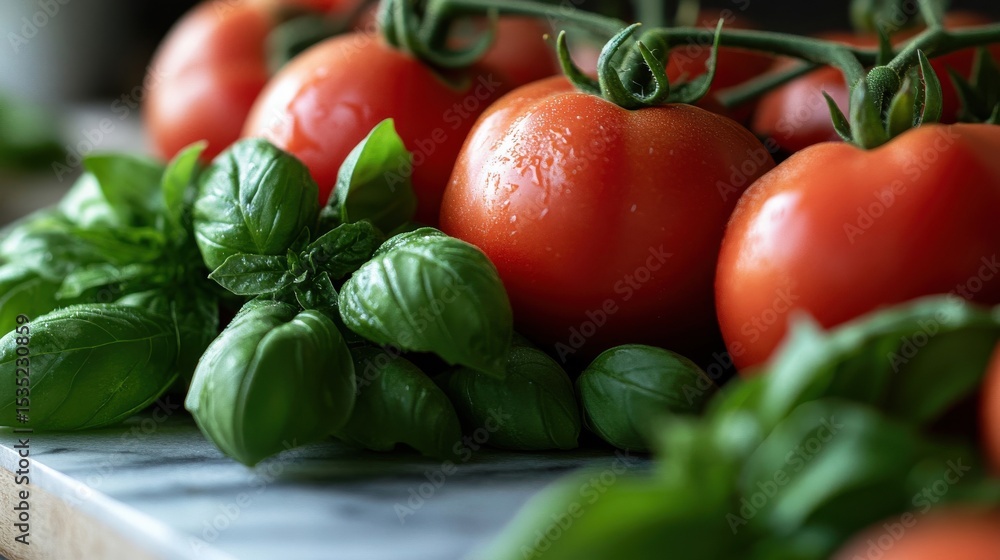 Basil and tomatoes displayed together in an aromatic summer pairing : garden fresh theme
Basil and tomatoes displayed together in an aromatic summer pairing : garden fresh theme