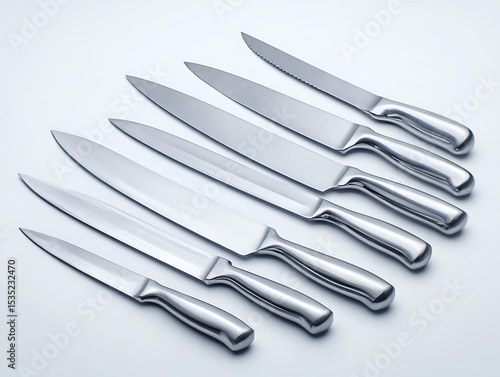 Set of professional kitchen knives on a surface.