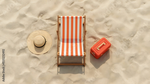 Overhead View of Beach Relaxation Setup with Deck Chair, Sun Hat, and Cooler on Sand