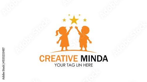 Creative Minds Early Learning Centre Logo - Children Reaching for Stars, Education, Growth, and Inspiration Vector Design