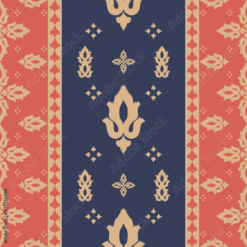 Traditional Thai textile vector pattern with lotus motif in red, navy, and gold tones. Seamless ethnic fabric design for cultural, boho, or decorative projects.