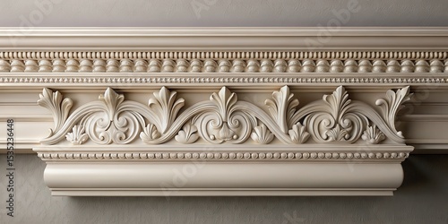 Decorative crown moulding with ornate cornice detailing and subtle curvature, architectural details, interior design