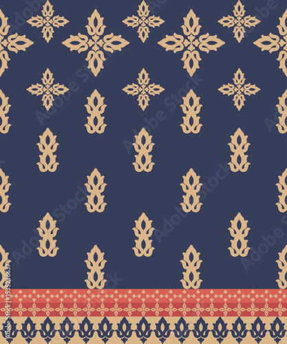 Traditional Thai textile vector pattern with lotus motif in red, navy, and gold tones. Seamless ethnic fabric design for cultural, boho, or decorative projects.