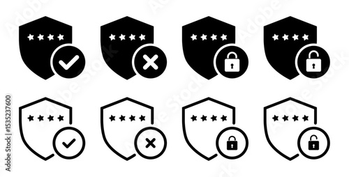 Password protection icons with shield, checkmark, cross, locked and unlocked padlock symbols. Hidden password security privacy access login credentials concept vector illustration.