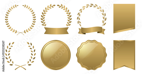 ランキング用フレームデザイン8個セット(1位 金銀銅 メダル 月桂樹 ベクターイラスト 編集可能 背景透過PNG 冠 ゴールド アイコン リボン 賞 立体的)	
