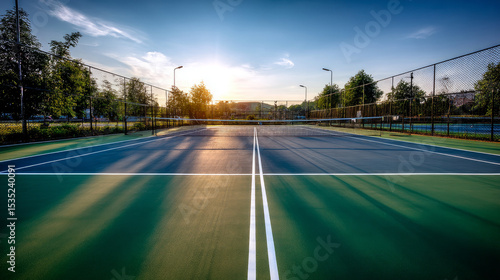 Tennis court is empty in luxury villa complex for sports games, competitions and great time for healthy lifestyle