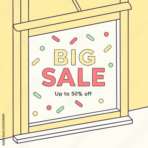 Colorful Big Sale Sign in Shop Window.