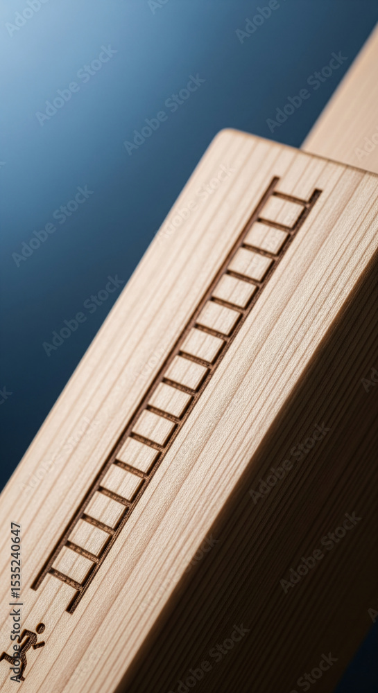 Obraz premium Close-up of light brown wood texture with engraved ladder and figure, symbolizing career growth and ambition, ideal for business or motivational concepts