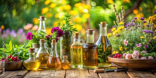 A rustic wooden table with a collection of olive oil and vinegar bottles, surrounded by lush greenery and colorful flowers, exuding warmth and coziness , greenery, flowers