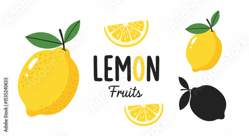 Cartoon Lemons and Lemon Slices with Leaves and a Silhouette.