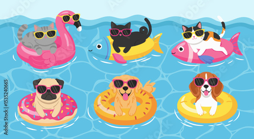 Cartoon Animals Swimming with Floats and Sunglasses in a Pool.