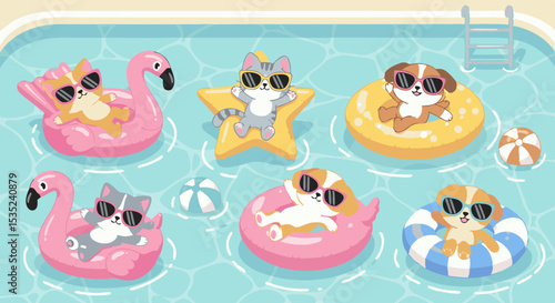 Cartoon Cats and Dogs Relaxing on Floats in a Swimming Pool.