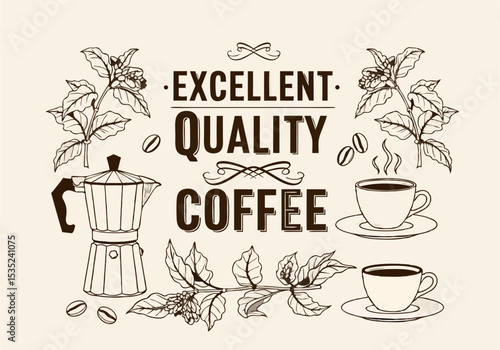 Vintage Coffee Illustration Featuring Cups Beans and a Percolator.