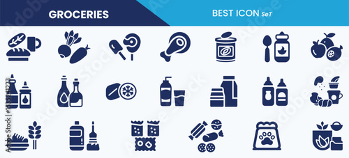 Best grocery icon collection. Food, meat, spices, drinks, baby food, fruits and vector illustrations.