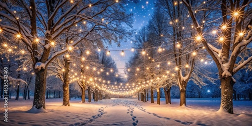 A serene winter wonderland scene with sparkling string lights illuminating the snow-covered trees in a quiet park at night under starry skies , holiday, twinkling